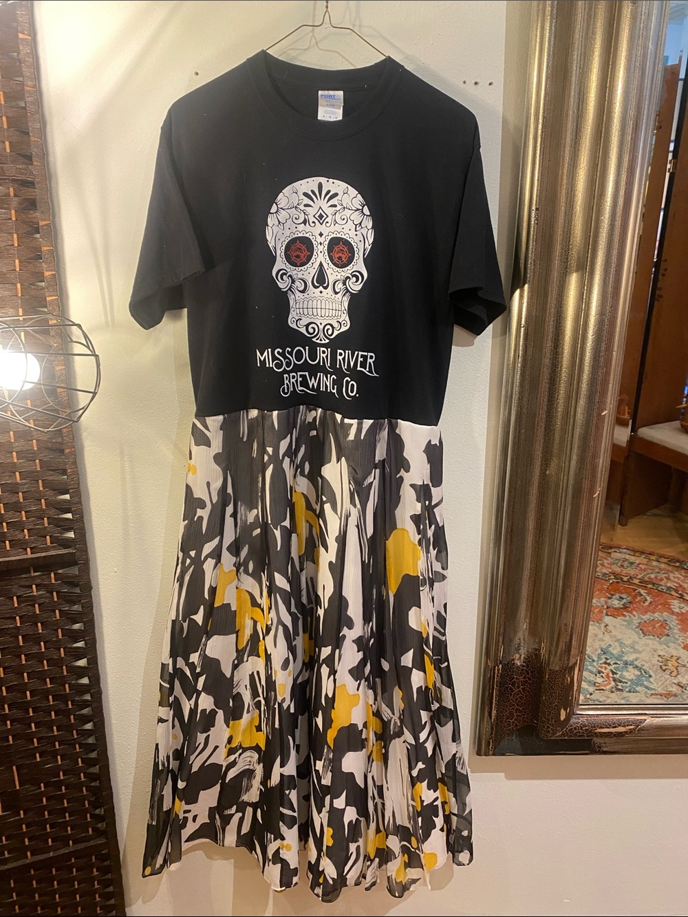 OOAK Upcycled Sugar Skull graphic tee Black & Yellow abstract chiffon skirt